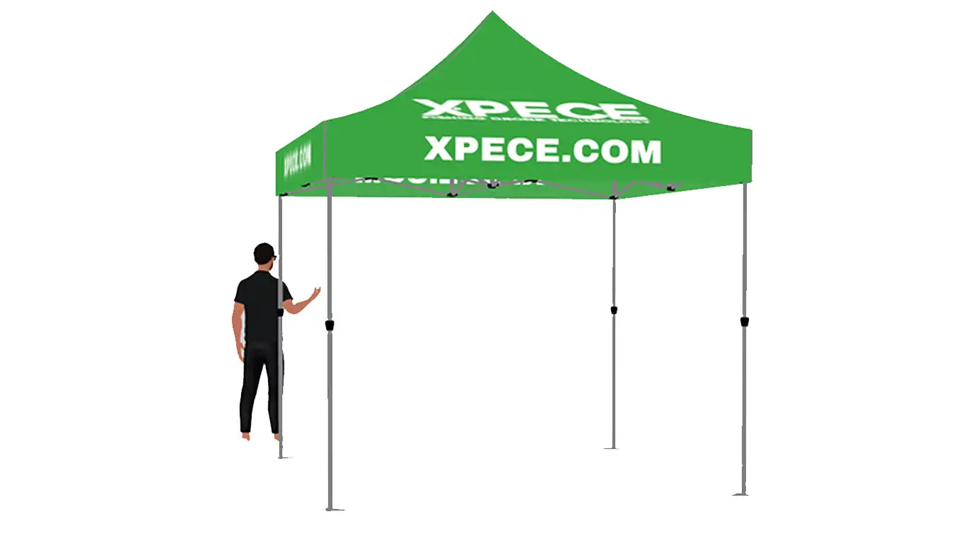 Front view of green XPECE 10x10 canopy tent showing XPECE.COM logo with person for scale