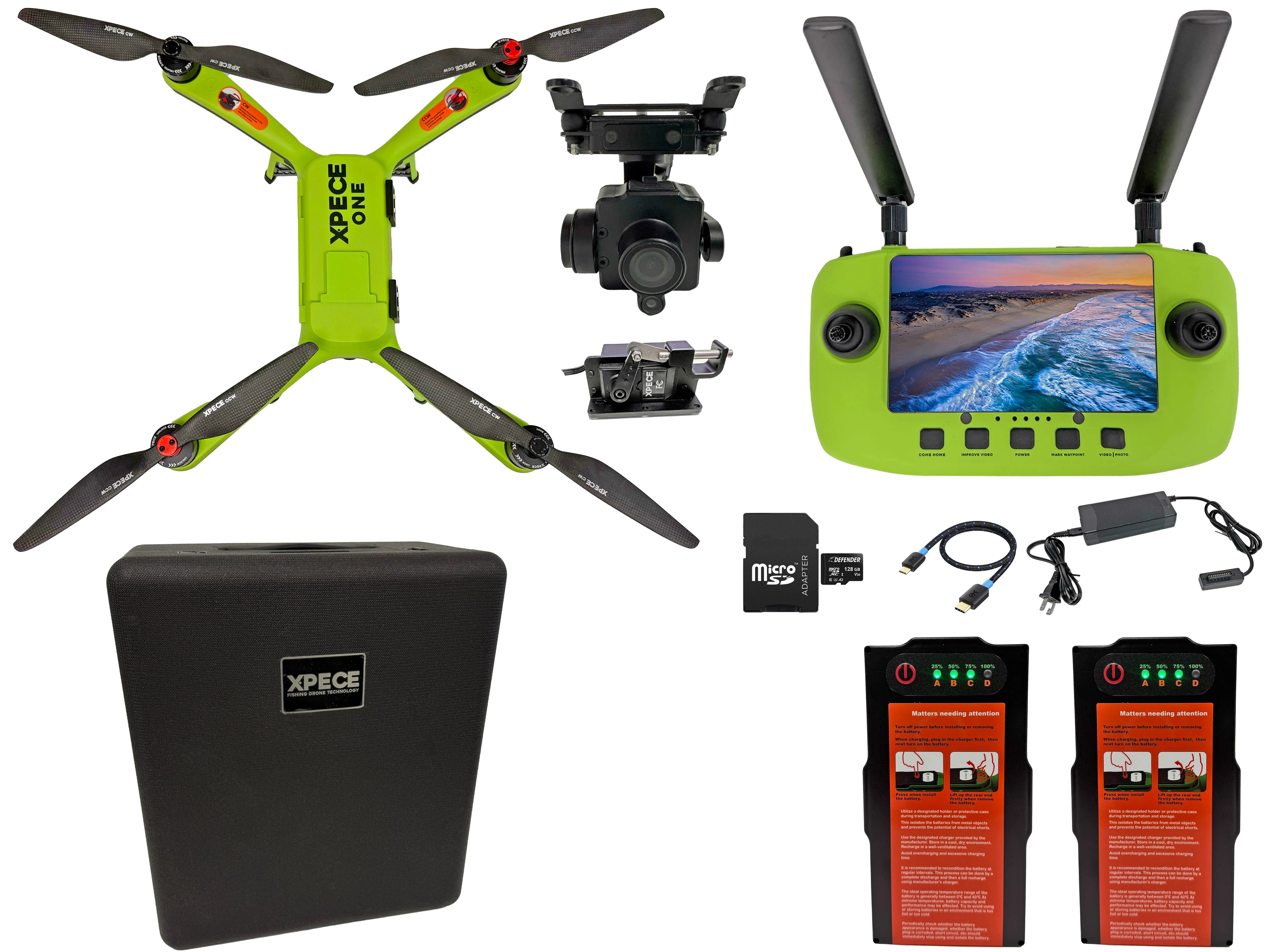 Xpece ONE Fishing Drone Fly More Bundle with drone, remote controller, camera, hard case, two batteries, charger and cables