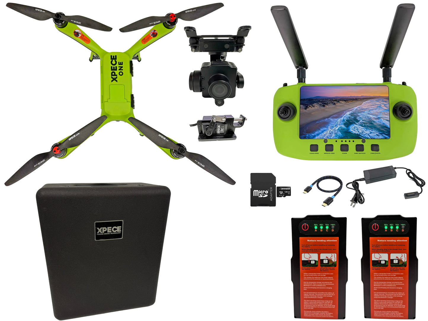 Xpece ONE Fishing Drone Fly More Bundle with drone, remote controller, camera, hard case, two batteries, charger and cables