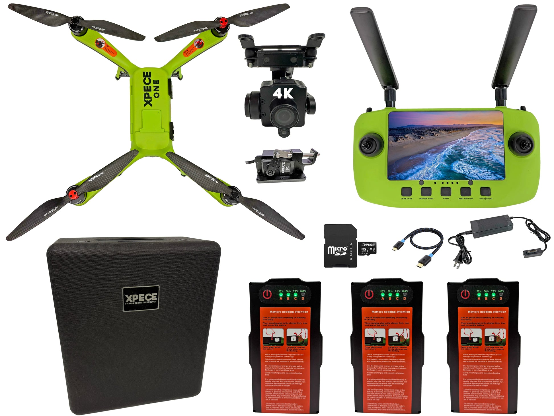Xpece ONE Fishing Drone Fly More Bundle: drone, 4K camera, screen controller, 3 batteries, case, charger, cables, and Xpece Care