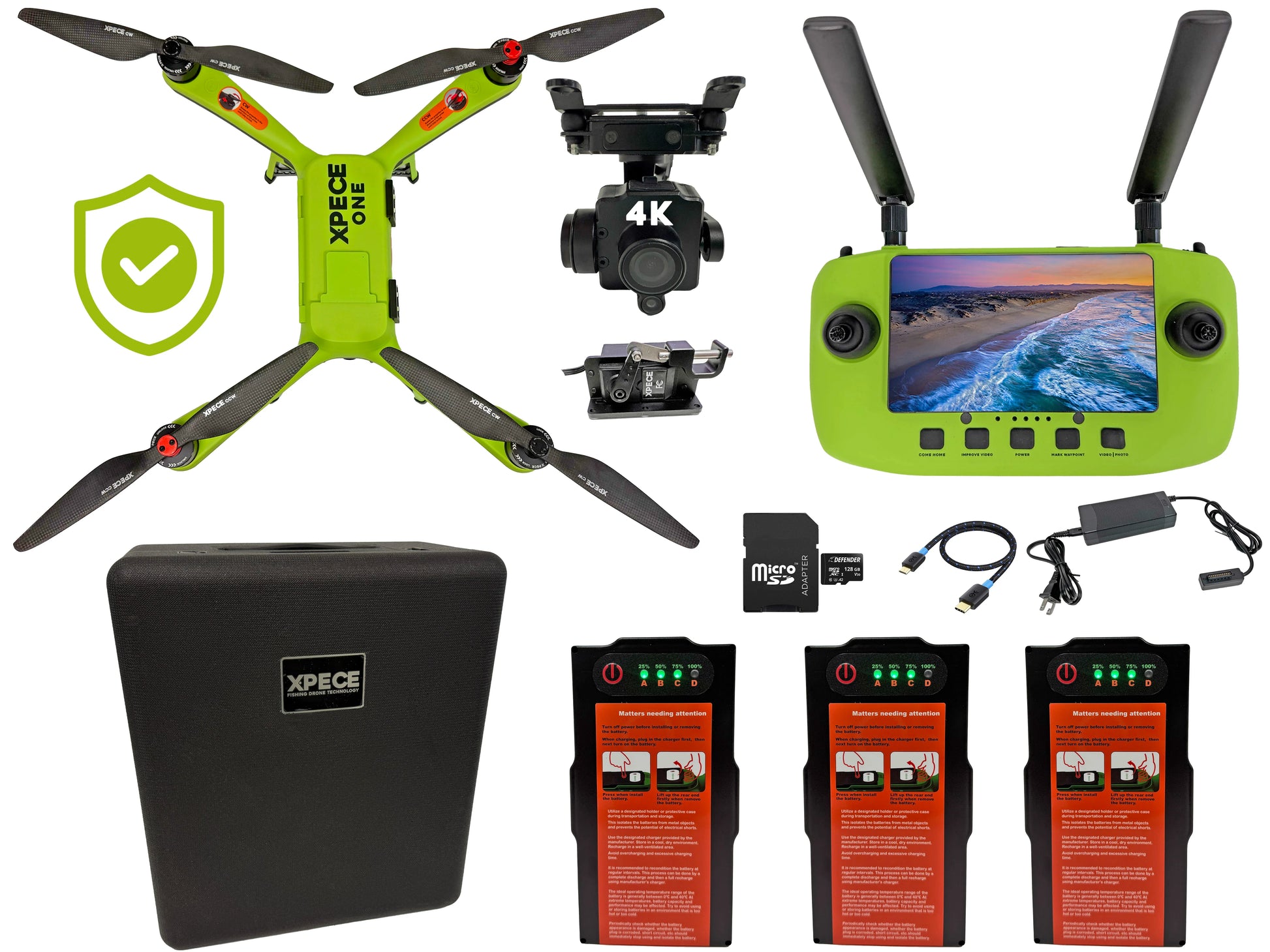 Xpece ONE Fly More Bundle includes fishing drone, 4K camera, screen controller, 3 batteries, hard case, charger, cables, microSD adapter, and Xpece Care.