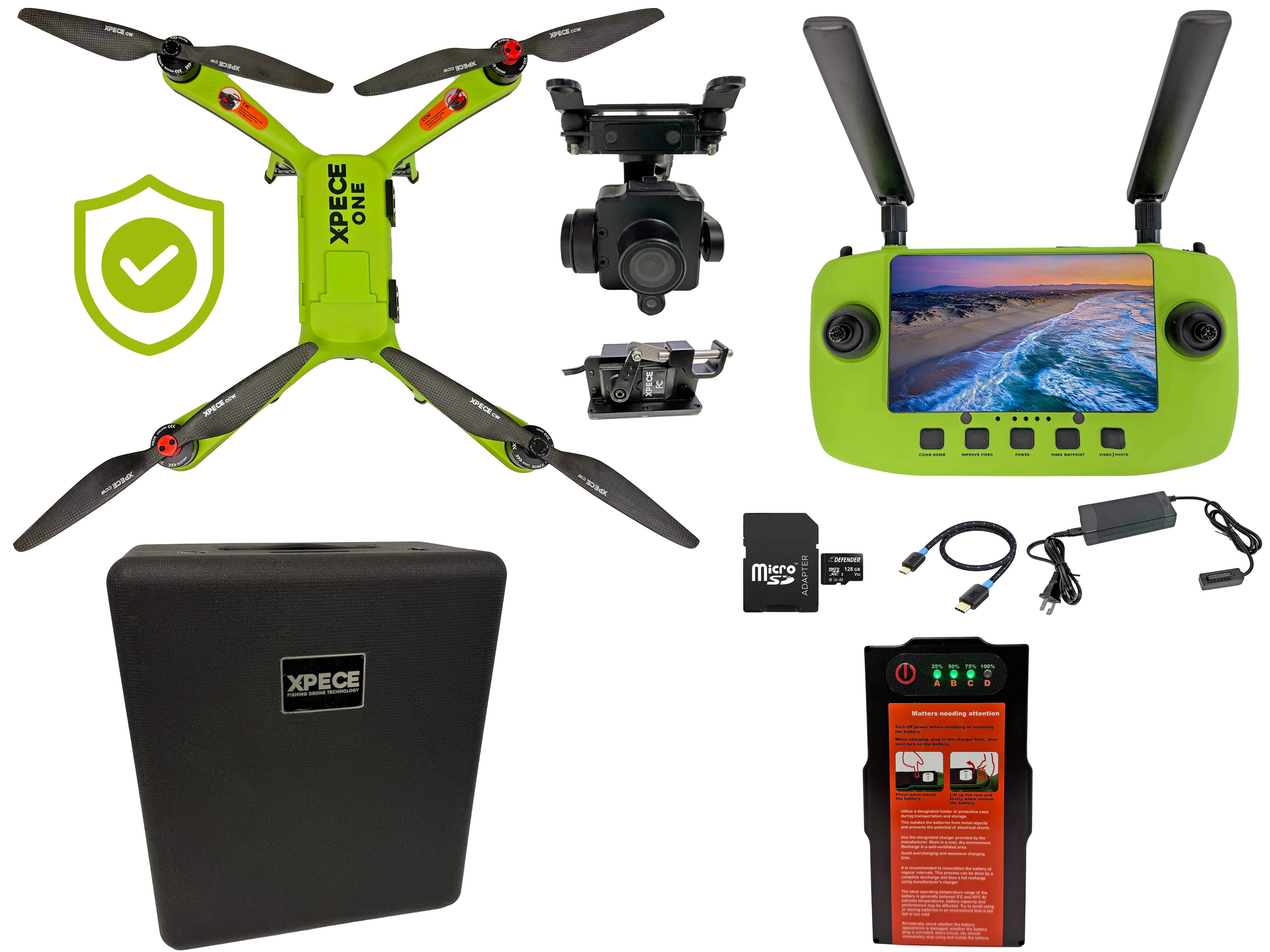 Xpece ONE Fishing Drone Fly More Bundle kit with drone, remote controller, camera, hard case, battery, charger and microSD card