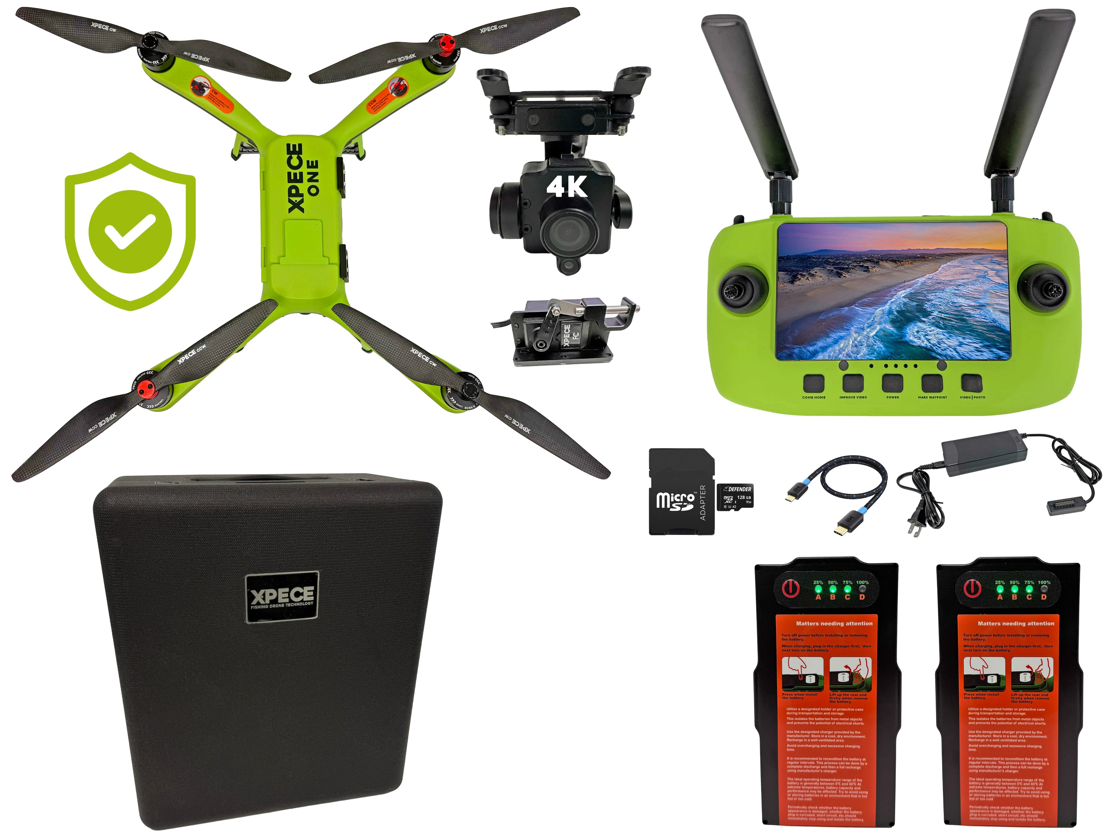 Xpece ONE Fly More bundle with 4K camera, remote controller, hard case, two batteries, charger, microSD adapter and Xpece Care