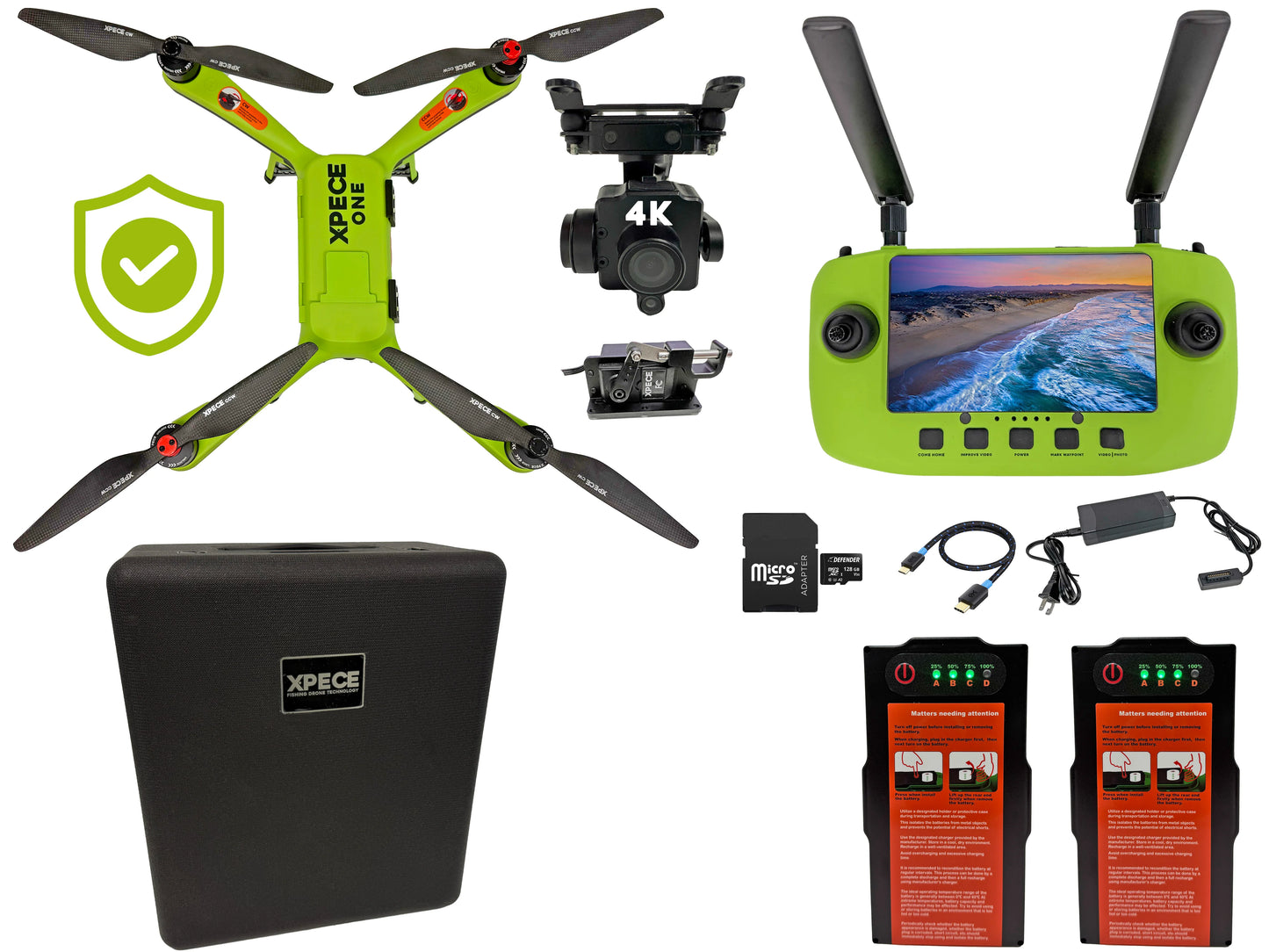 Xpece ONE Fly More bundle with 4K camera, remote controller, hard case, two batteries, charger, microSD adapter and Xpece Care