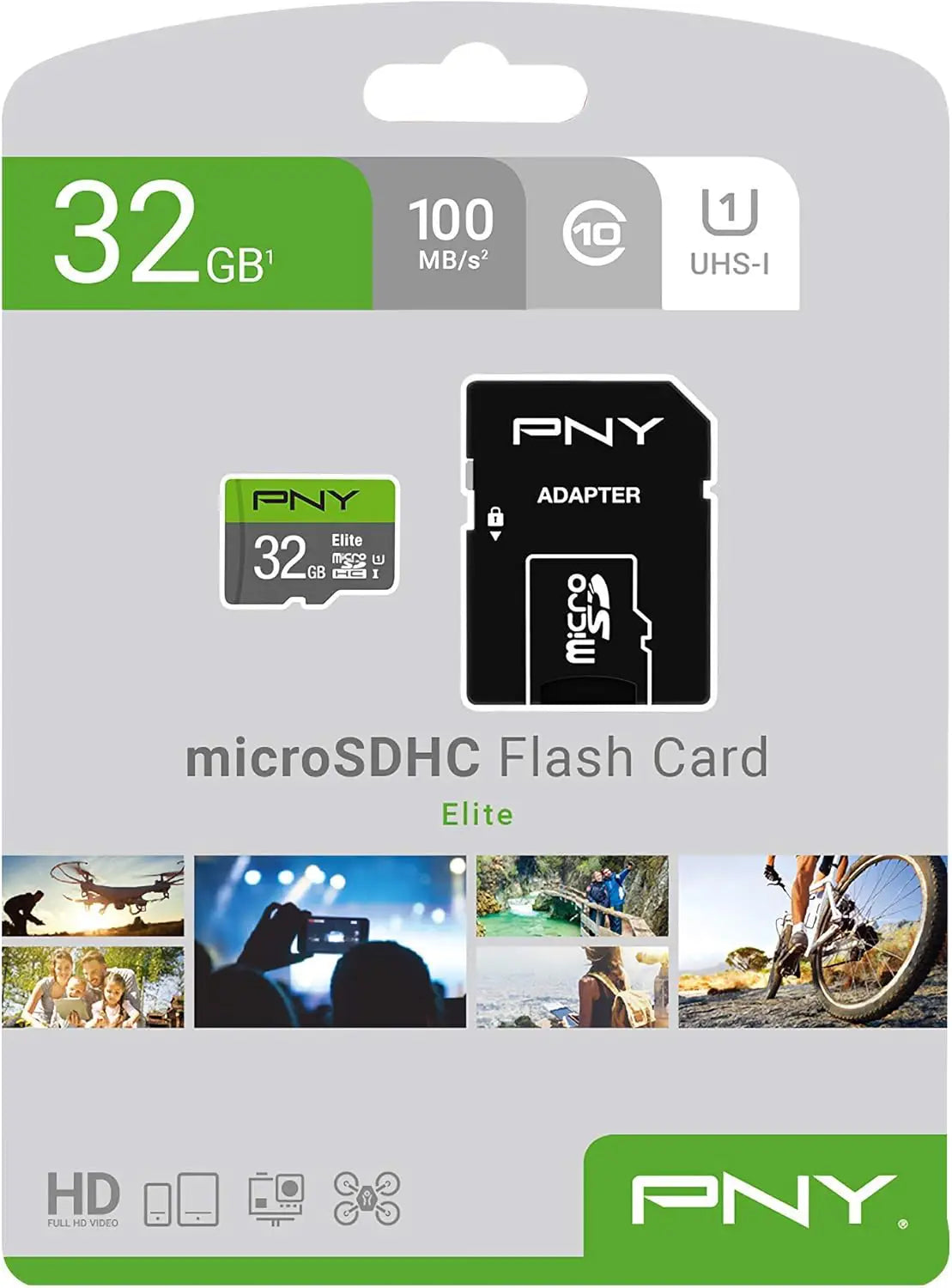 Retail packaging for PNY Elite 32GB microSDHC (UHS-I Class 10) with SD adapter for Xpece ONE waterproof drone camera.