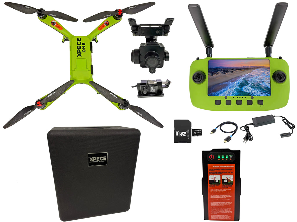 Xpece ONE rescue drone kit with remote controller, camera, carrying case, battery, and accessories