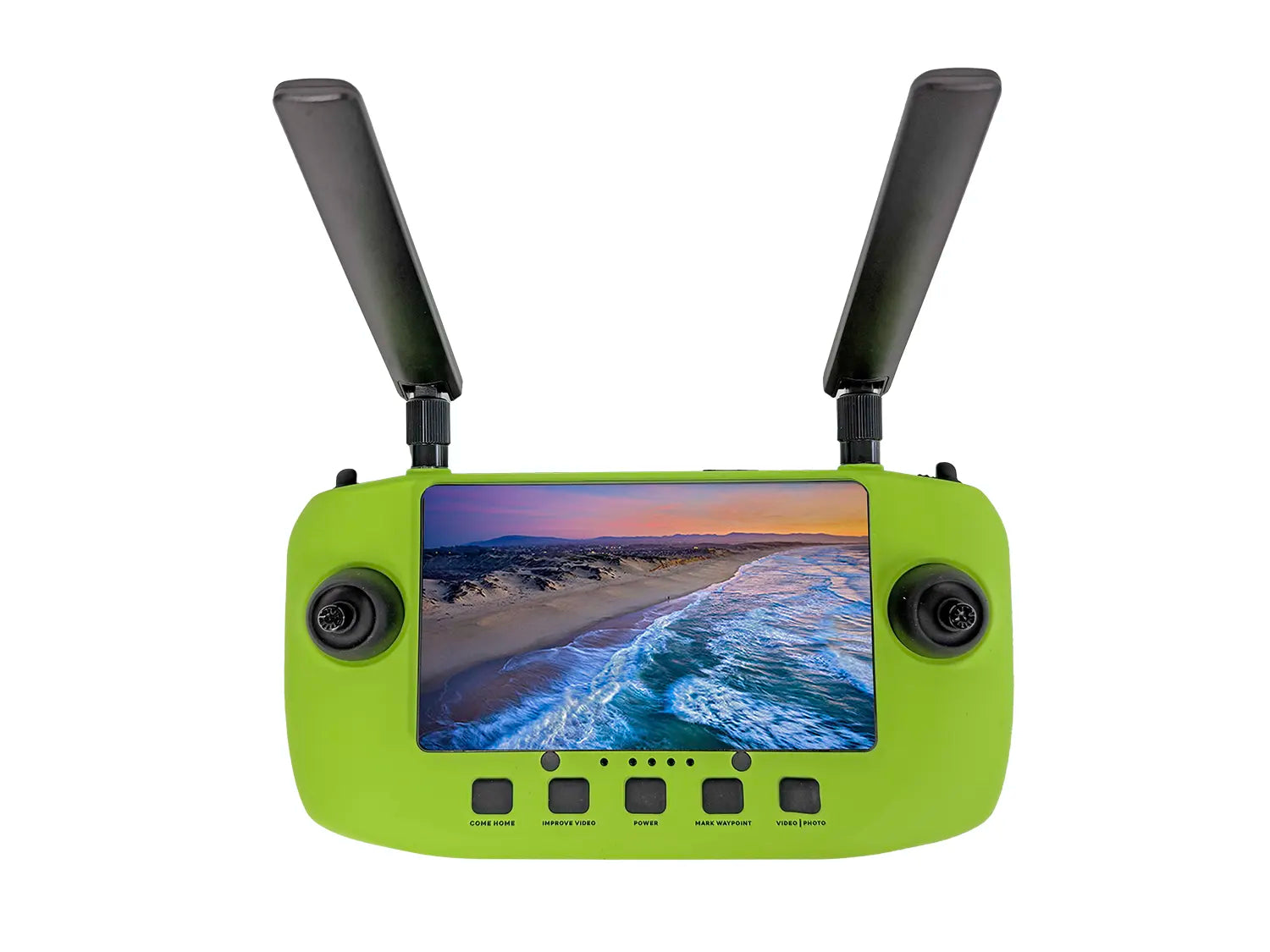Front view of Xpece Rescue Drone remote controller with dual antennas and built-in screen